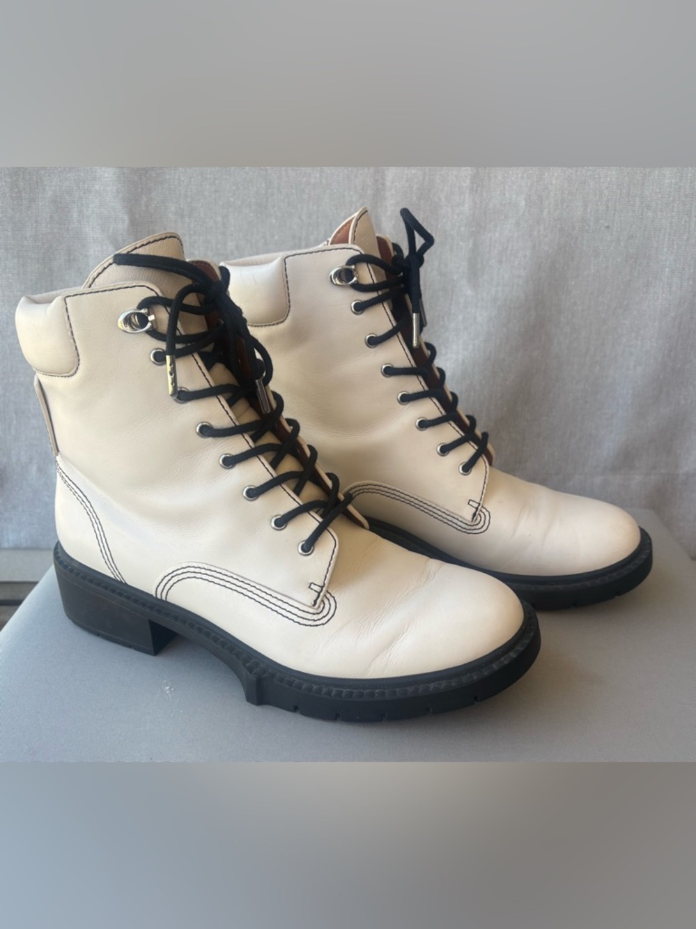 Coach White Leather Combat Boots with Black Laces - Picture 4 of 16